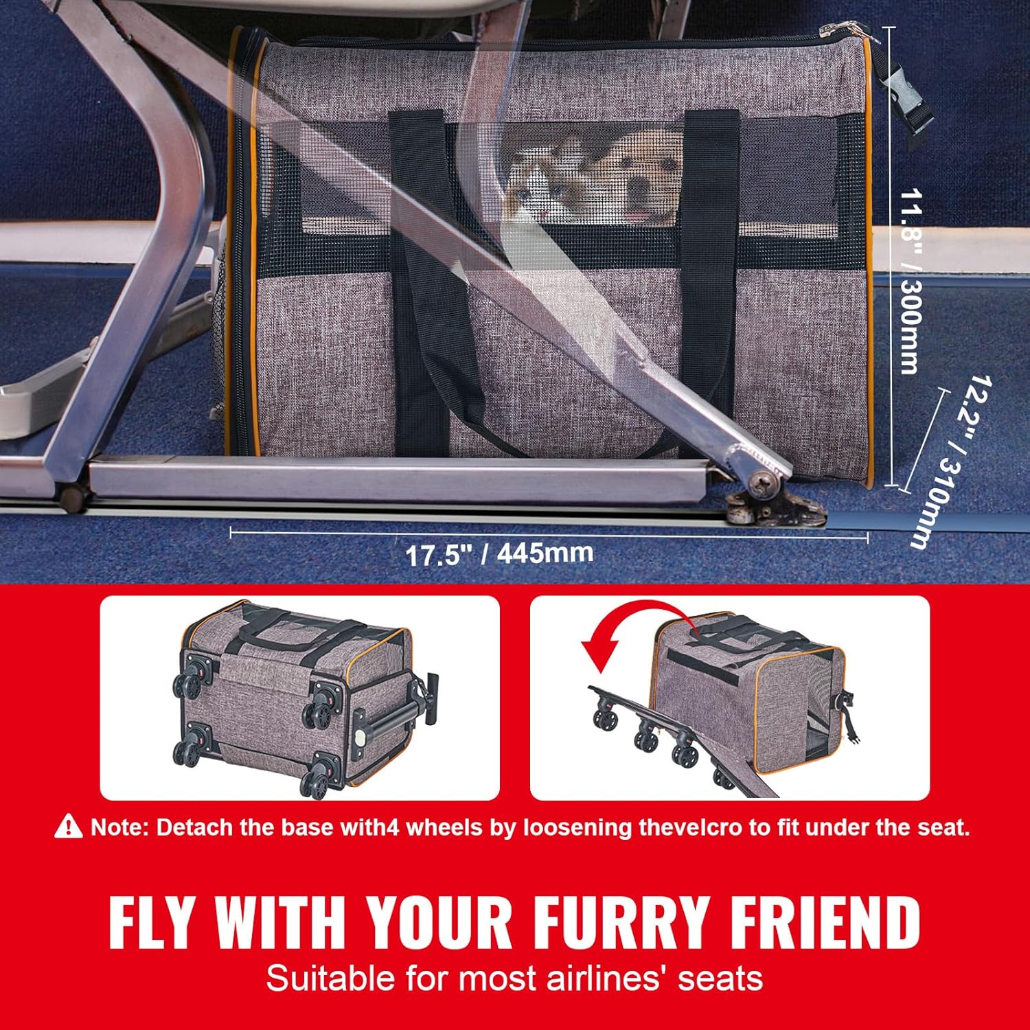 Happybuy Cat Carrier with Wheels, Airline Approved Rolling Pet Carrier with Telescopic Handle and Shoulder Strap, Holds Pets up to 22 lbs, Includes Folding Bowl, Grey - Image 2