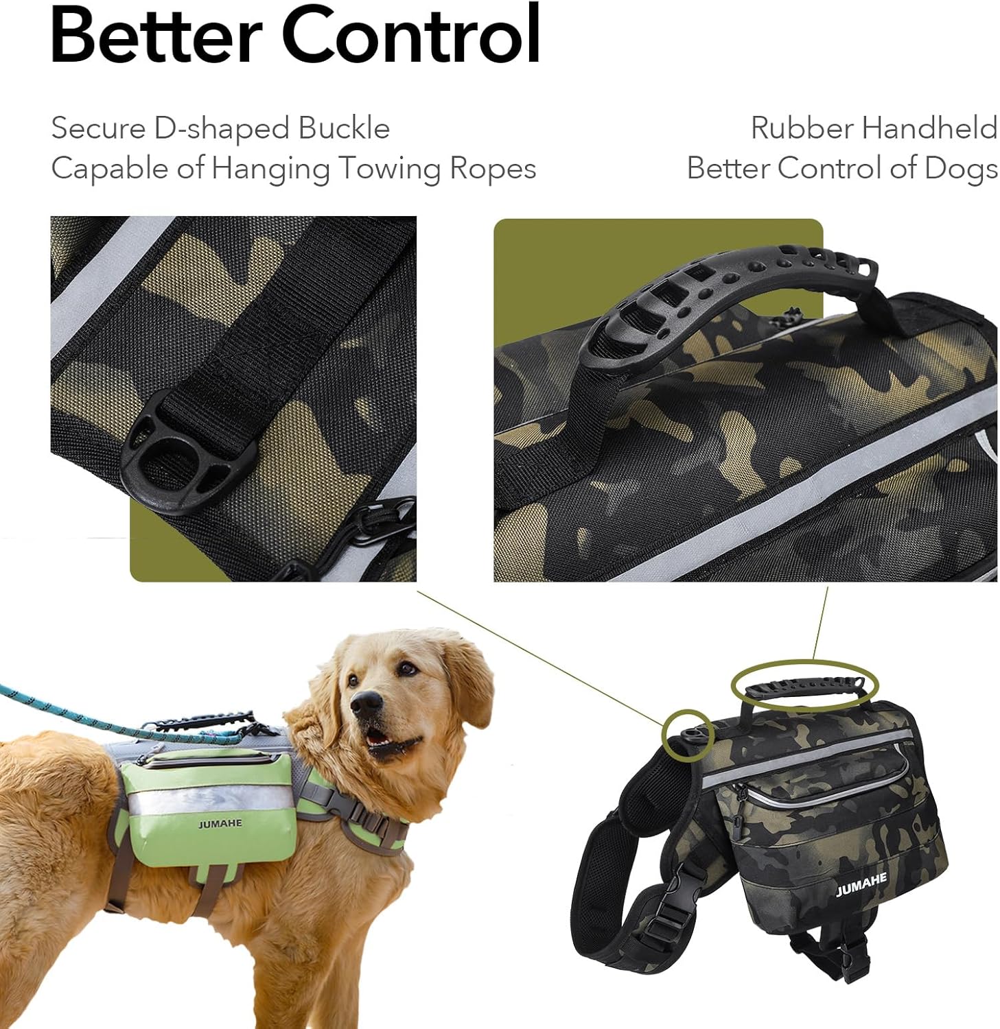 x Jumahe 2-in-1 Dog Vest Harness Backpack for 55-100 lbs Large Dogs, 2 Saddle Bags, Waterproof, Reflective Strips for Safe Walking, Hiking, Training (Camo) - Image 4
