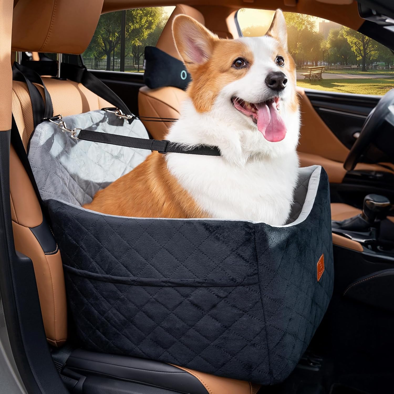 Dog Car Seats for Small/Medium Dogs, FurFrolic Memory Foam Dog Booster Seat for Small Dogs up to 35 lbs, Travel Pet Car Seat with Washable Detachable Cover, Storage Pockets, 2 Safety Belts, Black Gray - Image 7