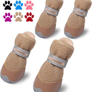 QUMY 4PCS Dog Shoes for Small Dogs, Hot Pavement Summer Puppy Dog Boots & Paw Protectors with Soft Anti-Slip Rubber Sole, Mesh Breathable Dog Booties for Hardfloors, Walking Running Khaki Size 2