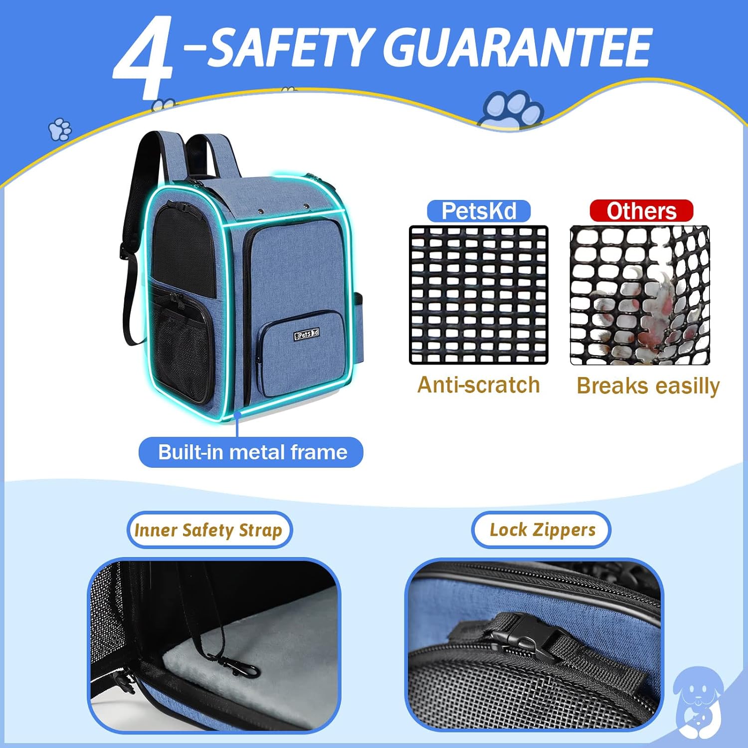 Petskd Expandable Pet Carrier Backpack for Small Medium Dog and Cat, Large Space Fits up to 15 lbs Pet, Foldable Backpack with Safety Lock Zipper and Breathable Mesh for Travel Hiking Camping(Blue) - Image 3