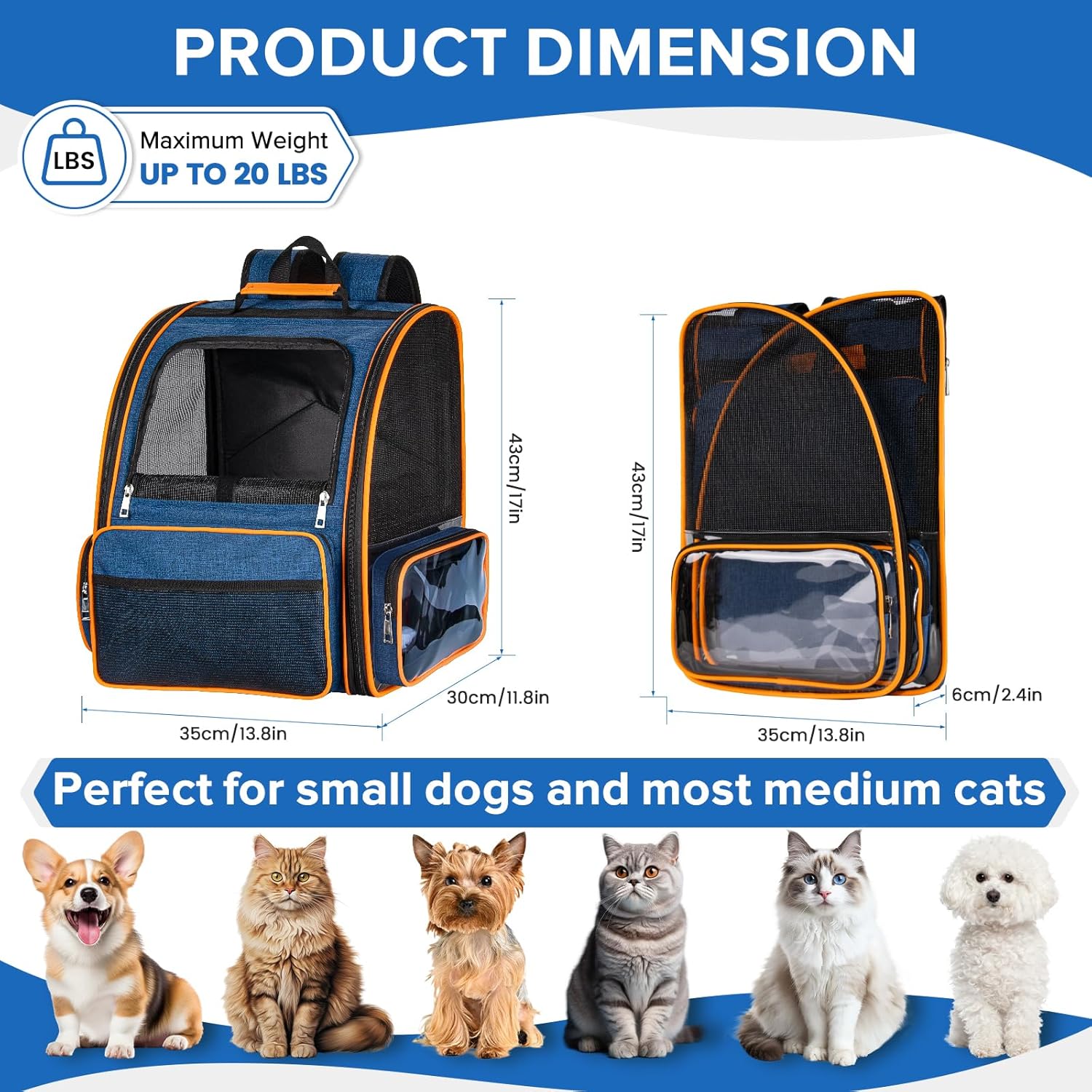 Discala Cat Backpack Carrier for Medium Small Dog Cat up to 20lbs, Pet Carrier Backpack, Ventilated Mesh Soft Sided Dog Backpack Carrier for Travel, Hiking, Outdoor Use - Blue - Image 2
