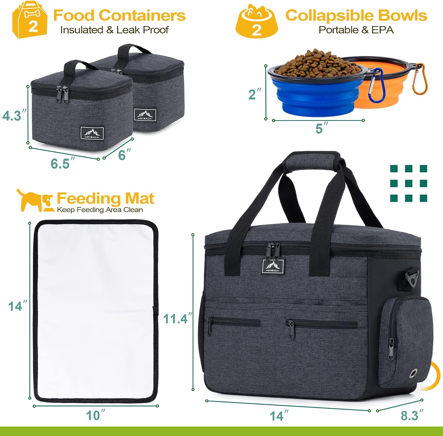 Dog Travel Bag Kit for Supplies - Large Pet Travel Bag for Dogs - Convenient Luggage Sleeve, Overnight, and Weekend Trips - Includes 2 Food Containers, 1 Organizer, 2 Collapsible Bowls Black - Image 2