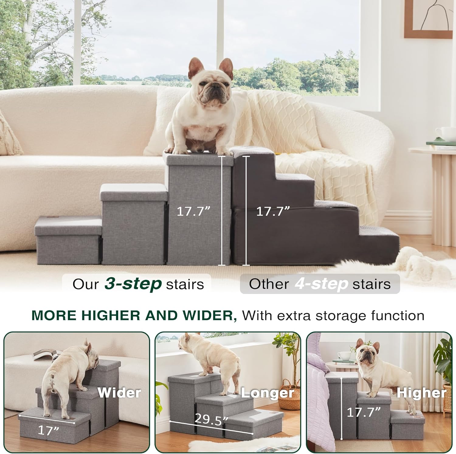 Love's cabin Dog Stairs for High Bed 18"H,Foldable Pet Stairs for Small Medium or Large Dogs Puppy with Storage for Bed or Couch, Cat Dog Steps Ramp with Zip up to 200 lbs(Solid Grey,3 Steps no Condo) - Image 3