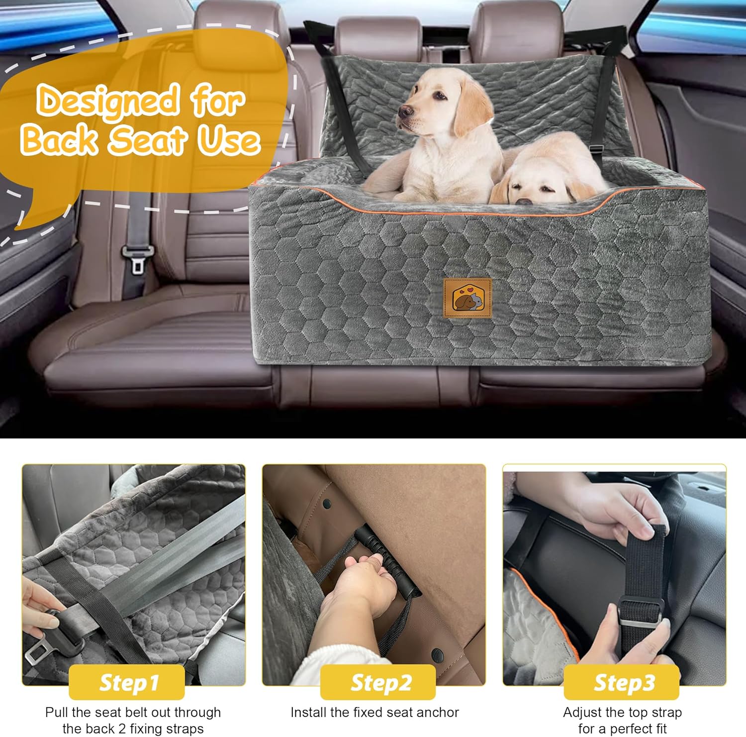 Dog Car Seat for Medium/Large Dog Booster Seat Under 60 lbs or 2 Small Dogs, Multi-Functional Pet Car Seat with Thick Cushion, 2 Safety Leashes (Gray) - Image 4
