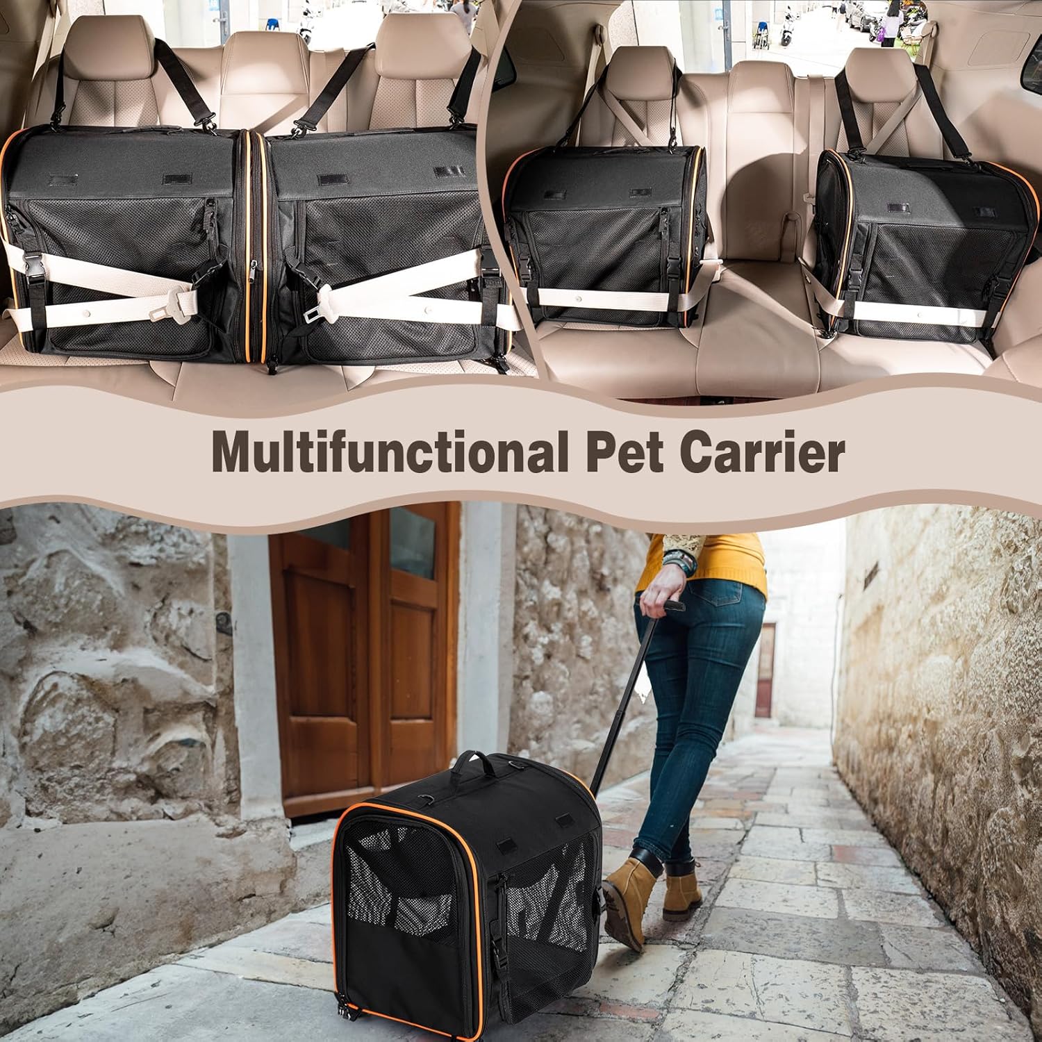2-in-1 Cat, Dog Carrier for Pets up to 30 Lbs, Double Pet Carrier Car Travel Portable Twin Compartment Pet Kennel Dog Crate Set with Litter Box, Bowl for Outdoor Camping - Image 4