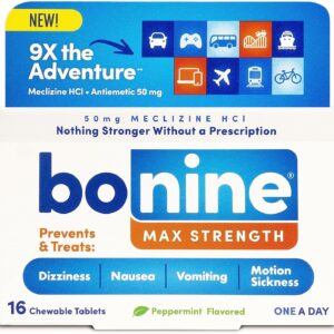 Bonine MAX Chewable for Motion Sickness Relief - with Meclizine HCL 50mg - Max Strength Formula to Treat Nausea or Motion Sickness - Cruise Essentials - Peppermint - 16 Chewable Tablets