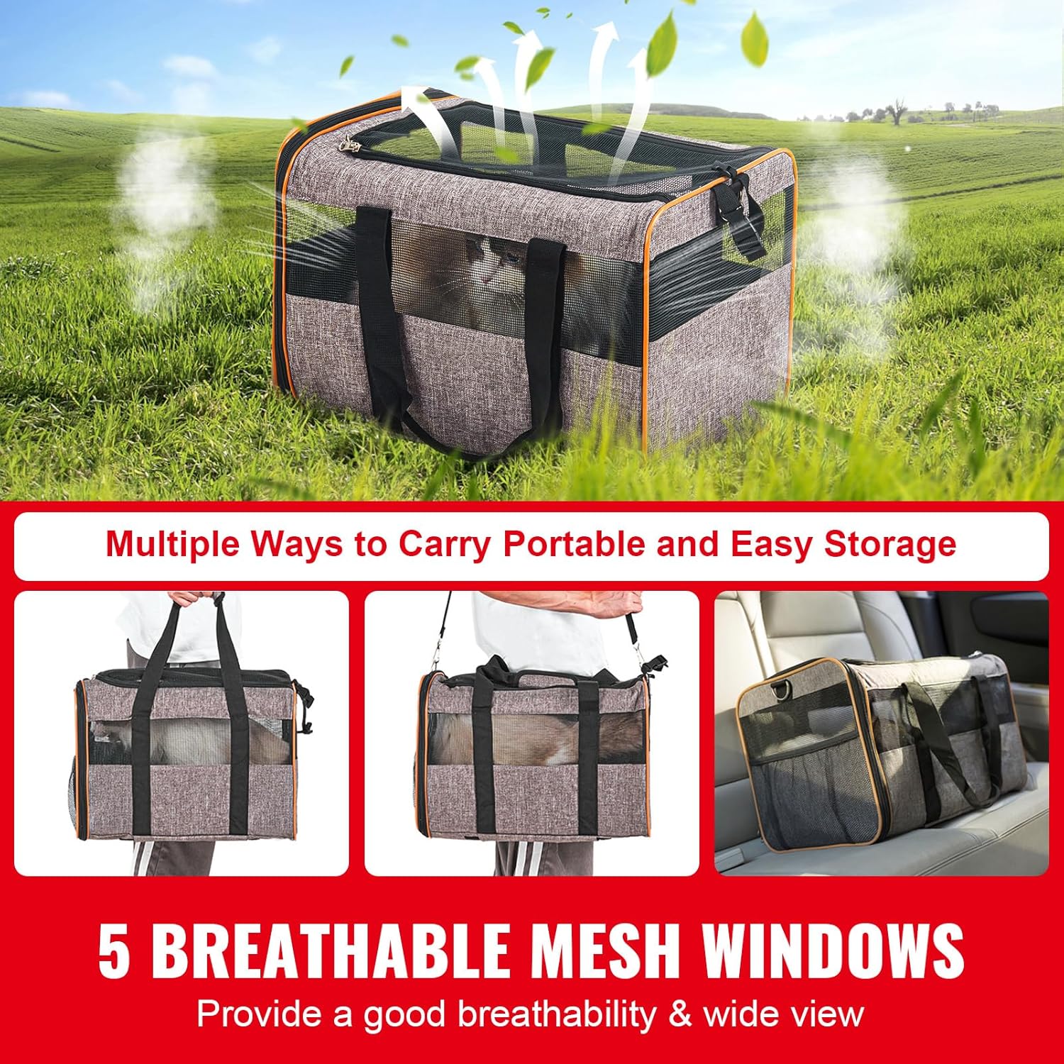 Happybuy Cat Carrier with Wheels, Airline Approved Rolling Pet Carrier with Telescopic Handle and Shoulder Strap, Holds Pets up to 22 lbs, Includes Folding Bowl, Grey - Image 5