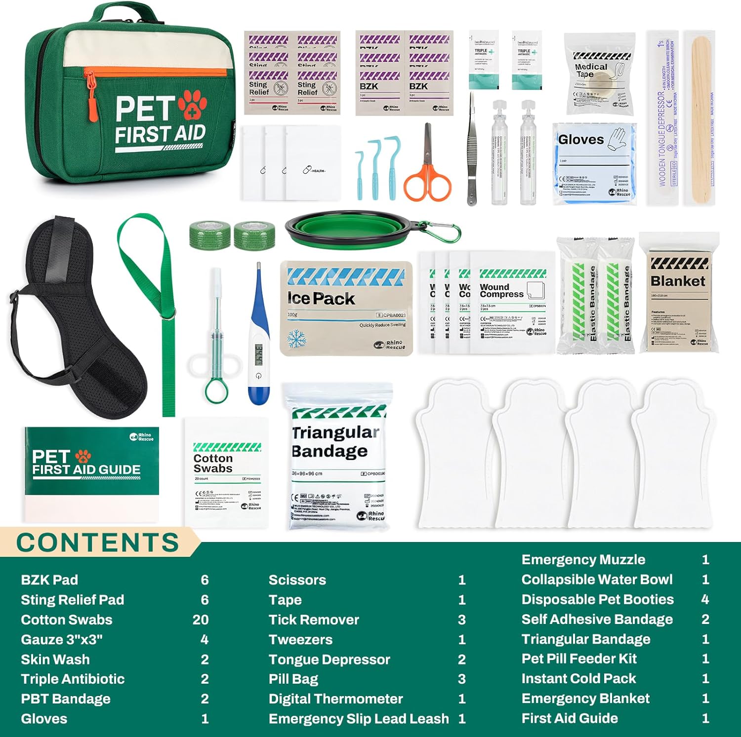 RHINO RESCUE Pet First Aid Kit, Emergency Medical Supplies for Dogs & Cats, Safety Essentials Pack with Thermometer, Disposable Booties for Home, Hiking, Traveling & Camping - Image 3