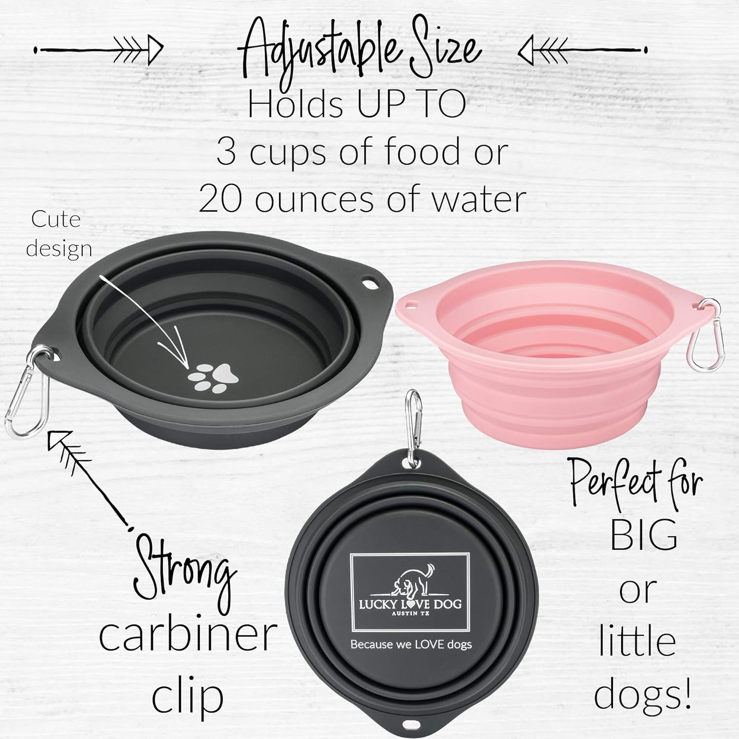 Lucky Love Dog Travel Dog Bowl, Collapsible Compact Water Dog Dish, Rose - Image 3