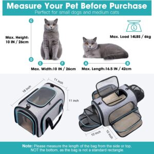Siivton 4 Sides Expandable Pet Carrier, Airline Approved Soft-Sided Dog Cat Carrier Bag with Fleece Pad for Cats, Puppy and Small Animals (4 Extension Gray_Blue, L:18.0″ L x 11.0″ W x 11.0″ H)