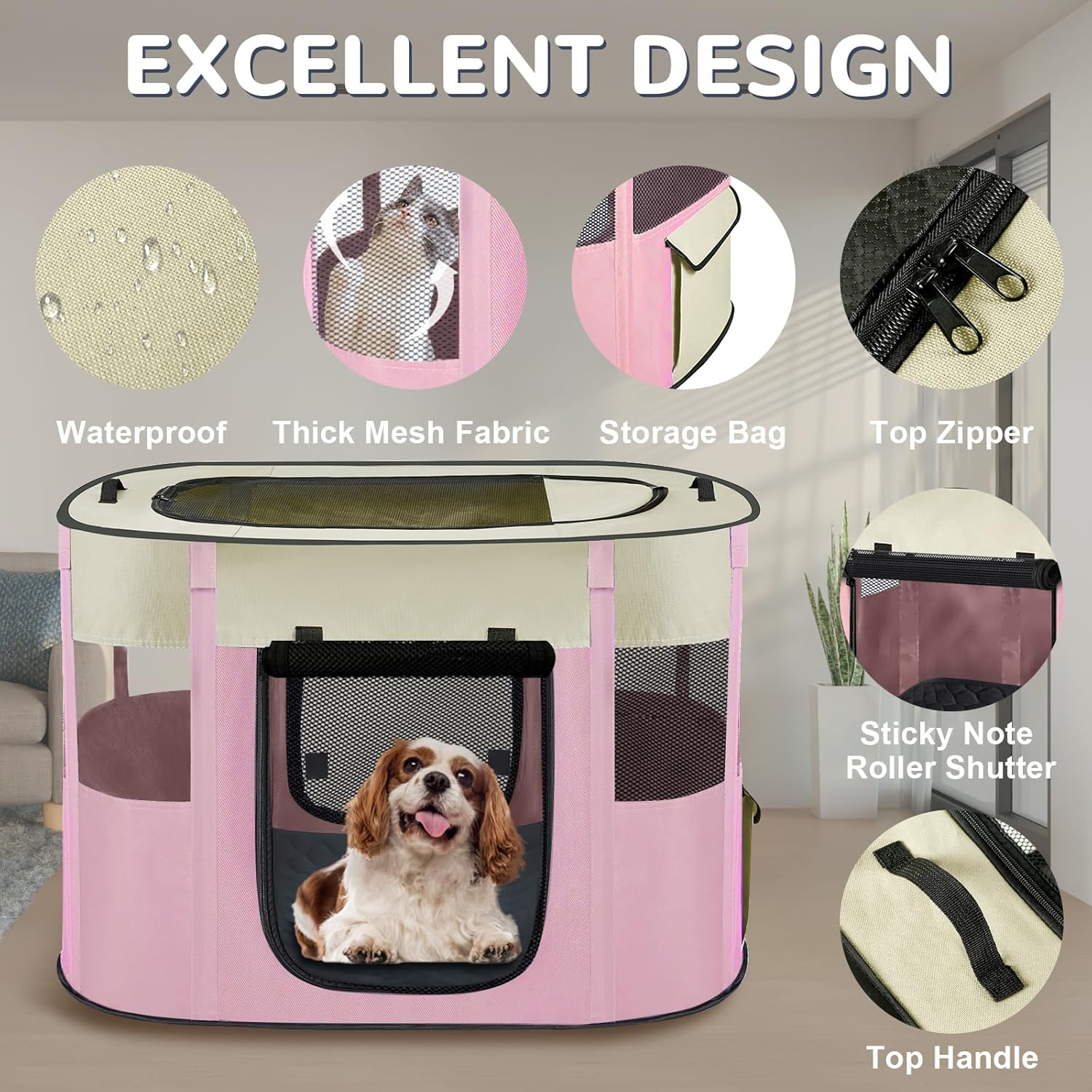 Portable Dog Playpen,Foldable Dog Cat Kennel Tent Cage,Dog Cat Rabbit Crates for Travel Water-Resistant Breathable Shade Cover,Indoor Outdoor Travel Camping Use for Small Puppy Pet Pink L - Image 4