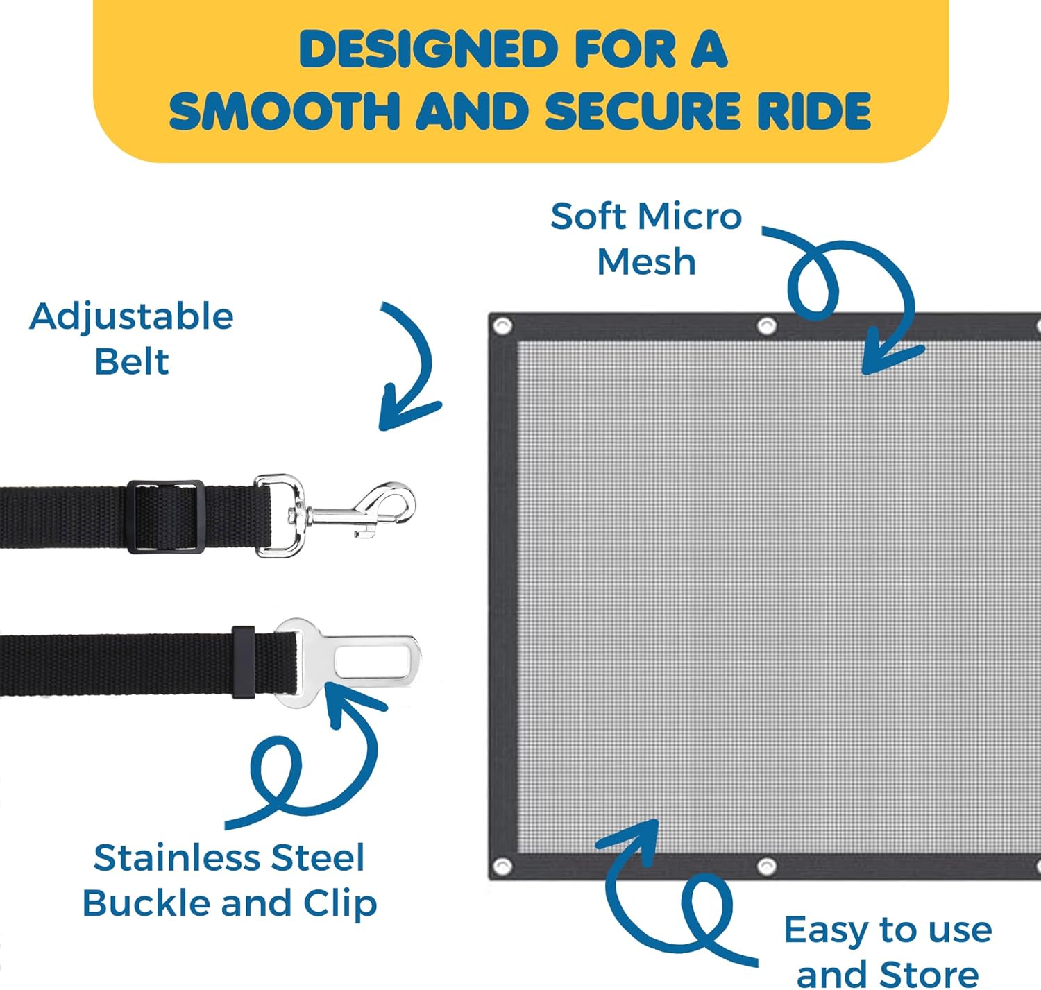 SunGrow Dog Seat Belts with Barrier, 2 Adjustable 28" Nylon Belts, 24" x 45" Micro Mesh Net Divider for Cars, SUVs, and Trucks, 4 Hooks and Luggage Ropes for Assembly, Black, 1 Set per Pack - Image 3