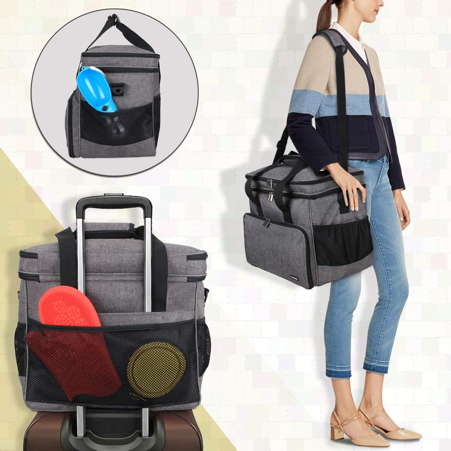 Teamoy Double Layer Dog Travel Bag, Dog Bag for Supplies with 2 Silicone Collapsible Bowls, 2 Food Carriers, 1 Water-Resistant Placemat, Pet Supplies Weekend Tote Organizer (Large, Gray) - Image 7