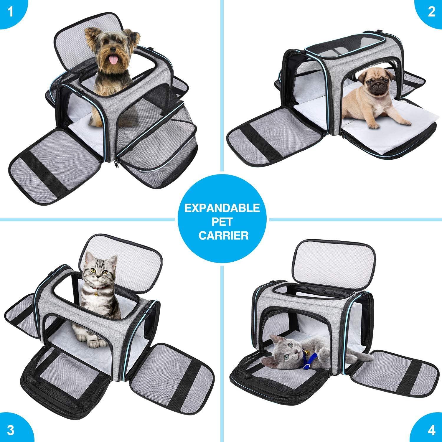 Airline Approved Portable Pet Carrier 2 Sides Expandable Soft-Sided Large Cats Carrier Collapsible Kennel Travel TSA Carrier 4 Doors with Removable Pads and 3 Pockets for Puppy Small Dogs - Image 8