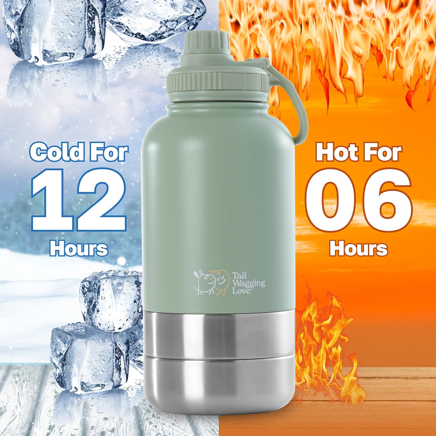 32oz 3-in-1 Portable Travel Water Bottle, Food & Hydration Bottle - Dual Use for Humans & Pets with Detachable Bowls, Stainless Steel, Keeps Water Hot for 6hrs & Cold for 12hrs - Image 2