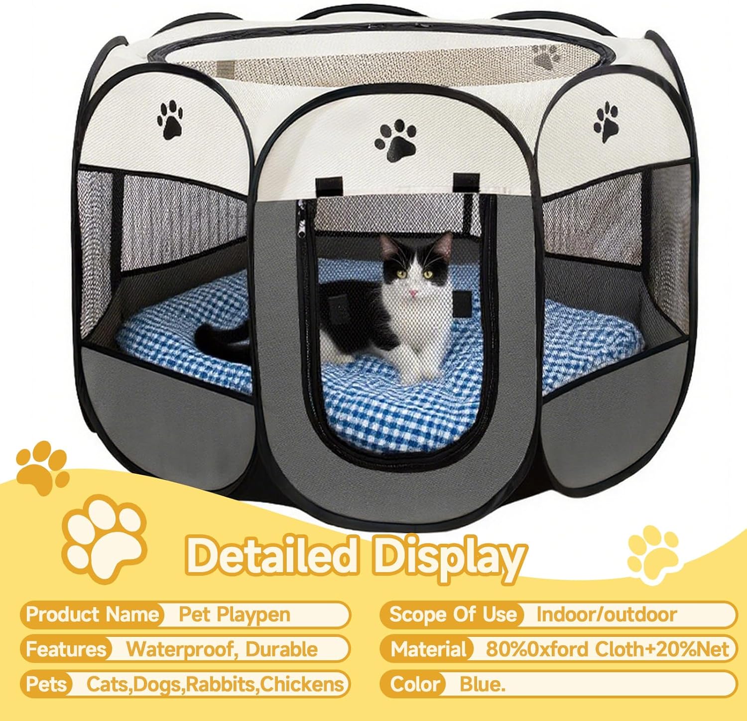 Dog Cat Playpen, Puppy Pet Playpen Indoor for Small Dogs Tent Crates Cage Outdoor, Portable Pop Up Dog Kennel Playpen Cat Tent for Dogs/Cats/Rabbits, Removable Zipper Top, Grey - Image 8