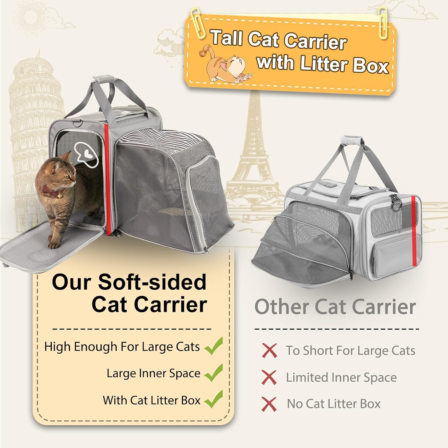 Cat Carrier with Litter Box, Expandable Cat Travel Carrier for Car, Soft Sided Cat Carrier for Cats/Puppies up to 25 lbs, Grey - Image 8