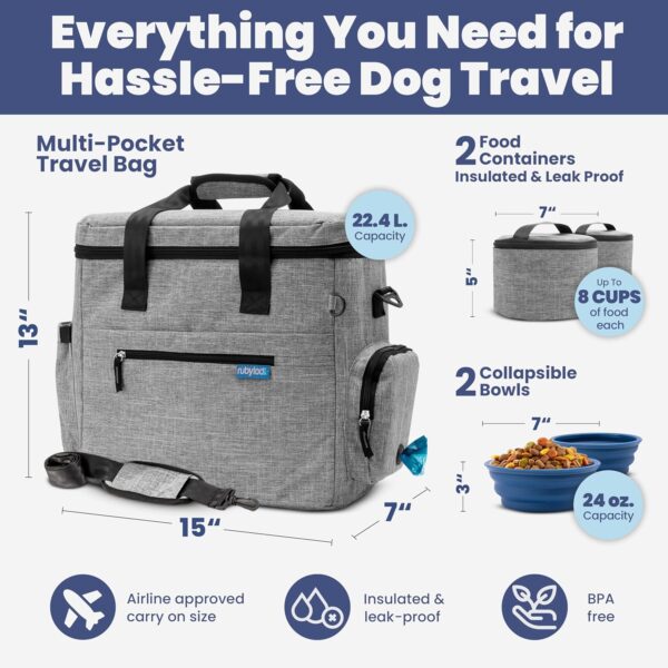 The Original Doggy Bag™ - Complete Dog Travel Bag for Supplies with 2 BPA-Free Travel Dog Bowls & 2 Pet Food Containers - Traveling Kit for Road Trips, Camping, Weekend Away or Doggy Gift - Grey - Image 3