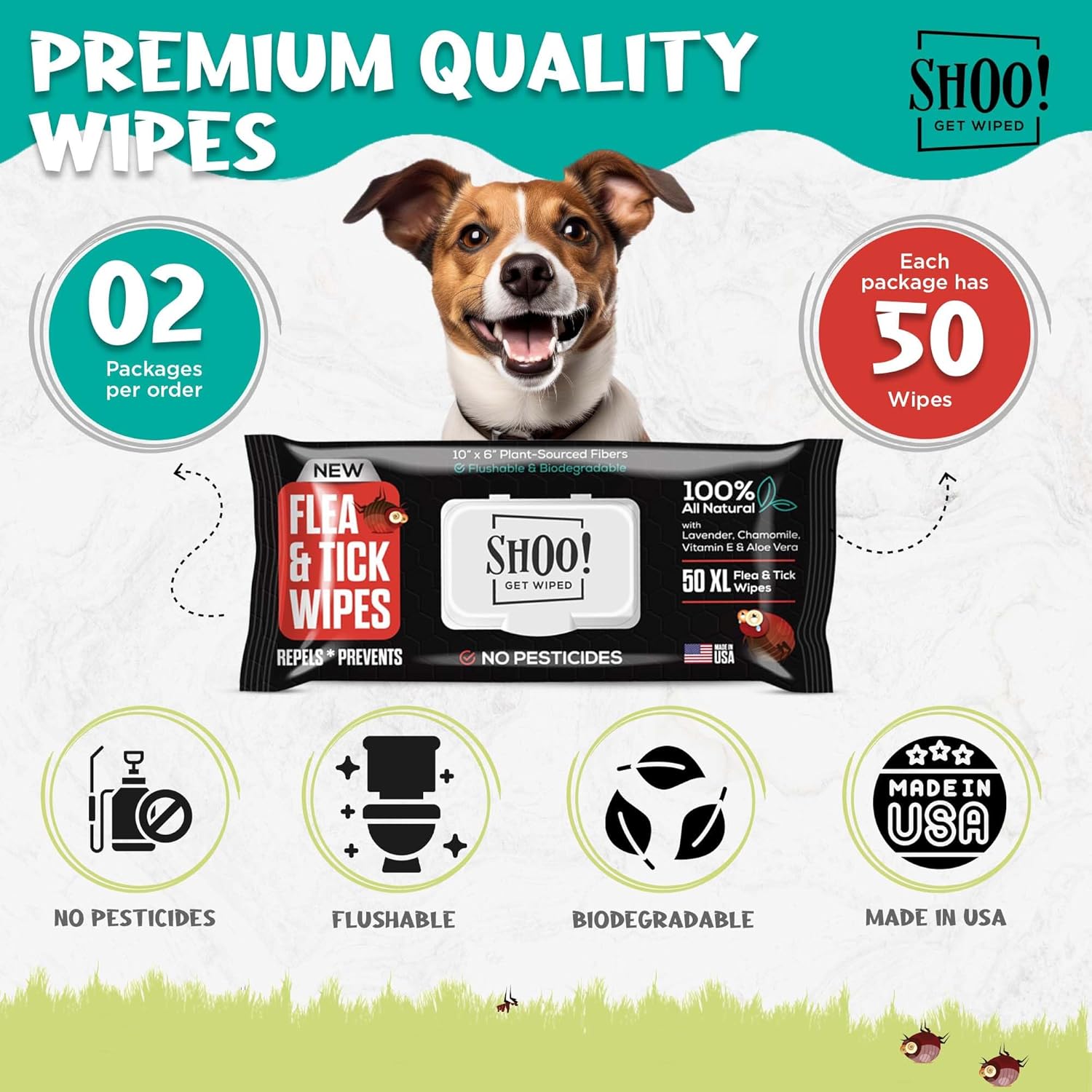 Shoo! Flea & Tick Wipes for Dogs | Convenient, Easy On-The-Go Protection | Plant Based, Natural Oils, Chemical Free | Repels & Prevents | 50 XL Wipes (2 Pack) | Original -Lavender - Image 2