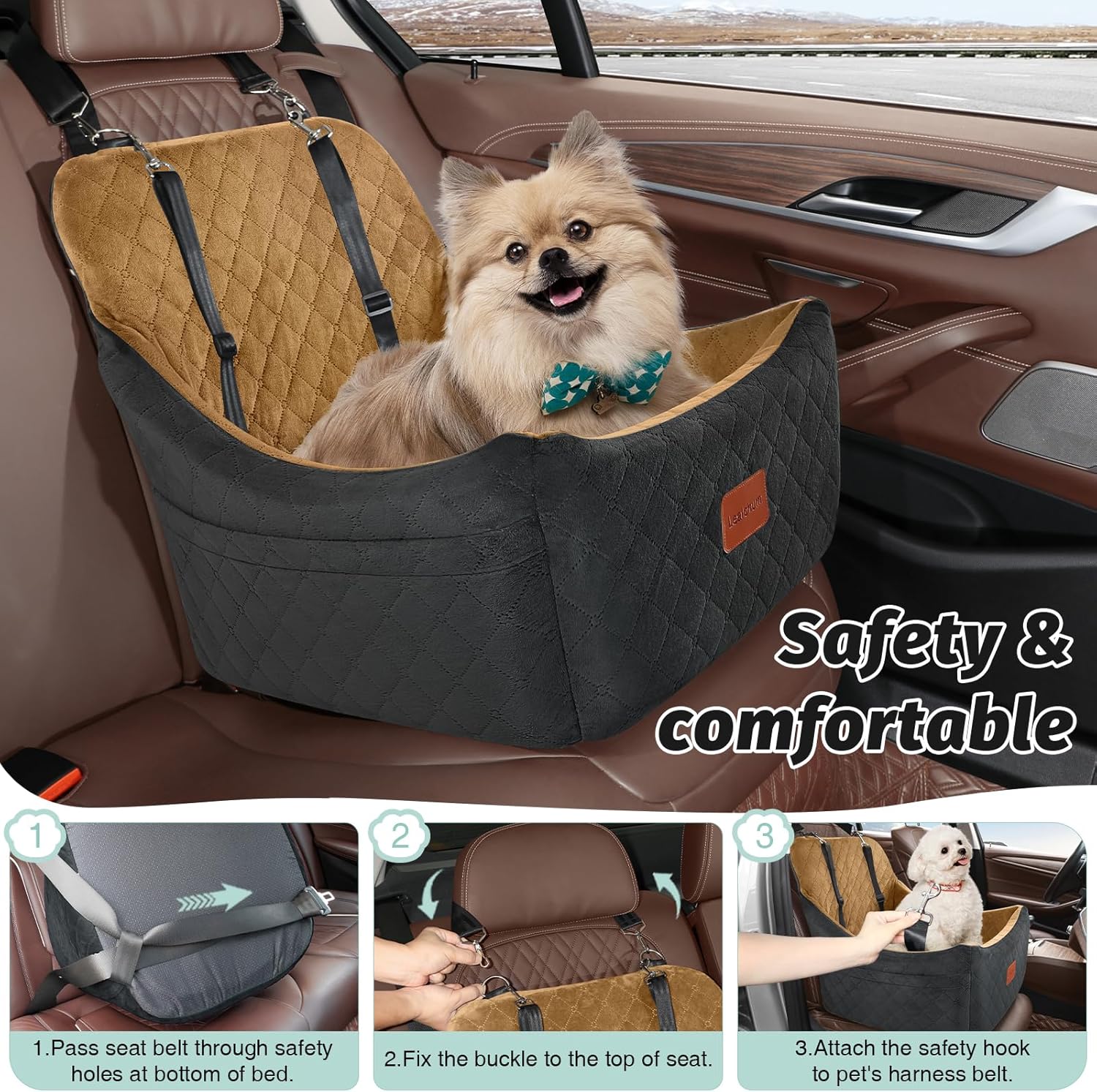 Dog Booster Car Seat for Up to 35lbs Pets,Easy to Install,Fully Detachable and Washable,Anti-Slip Base,Snug Puppy Car Seat with 2 Clip-On Leashes(Black/Coffee,Medium) - Image 7