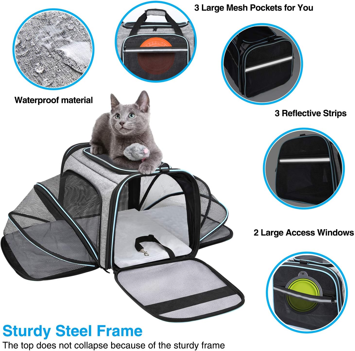 Airline Approved Portable Pet Carrier 2 Sides Expandable Soft-Sided Large Cats Carrier Collapsible Kennel Travel TSA Carrier 4 Doors with Removable Pads and 3 Pockets for Puppy Small Dogs - Image 4