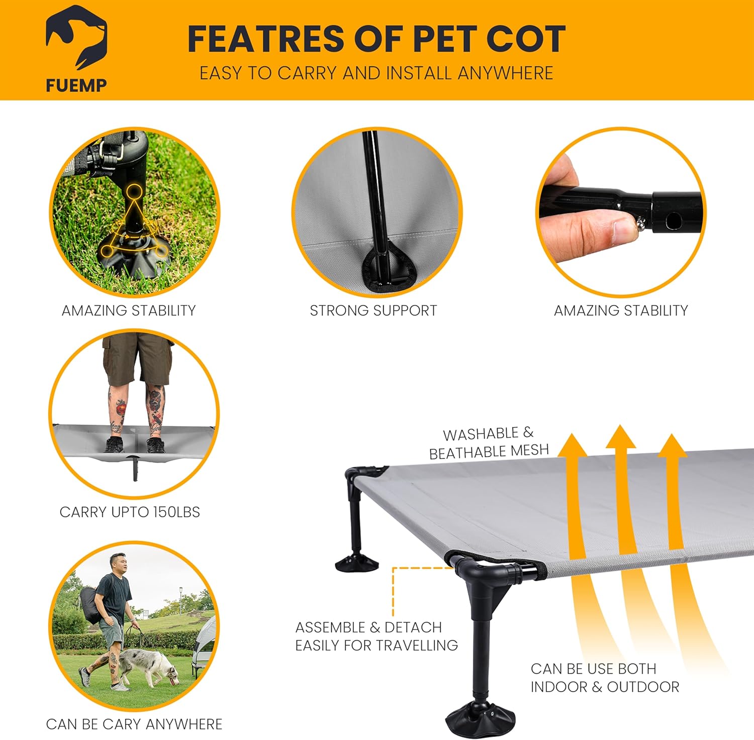 Elevated Dog Bed with Canopy |Included Travel Bag| |XL Size Portable Dog Bed|Widened Anti Slip Feet & Rain Resistant|Cooling|Elevated|Raised Cot for Large Dogs|Removable Shade - Image 5