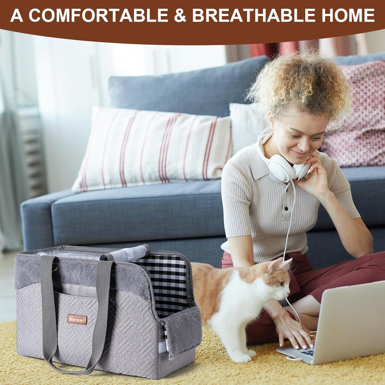 Cat Carrier Bag for Pets Up to 15 Lbs, Fully Open Mesh Roof, Side Vent & 3 Storage Pockets, Cat Dog Crate Travel Bag, Portable & Comfort Soft-Sided Dog Travel Bag, Grey - Image 6