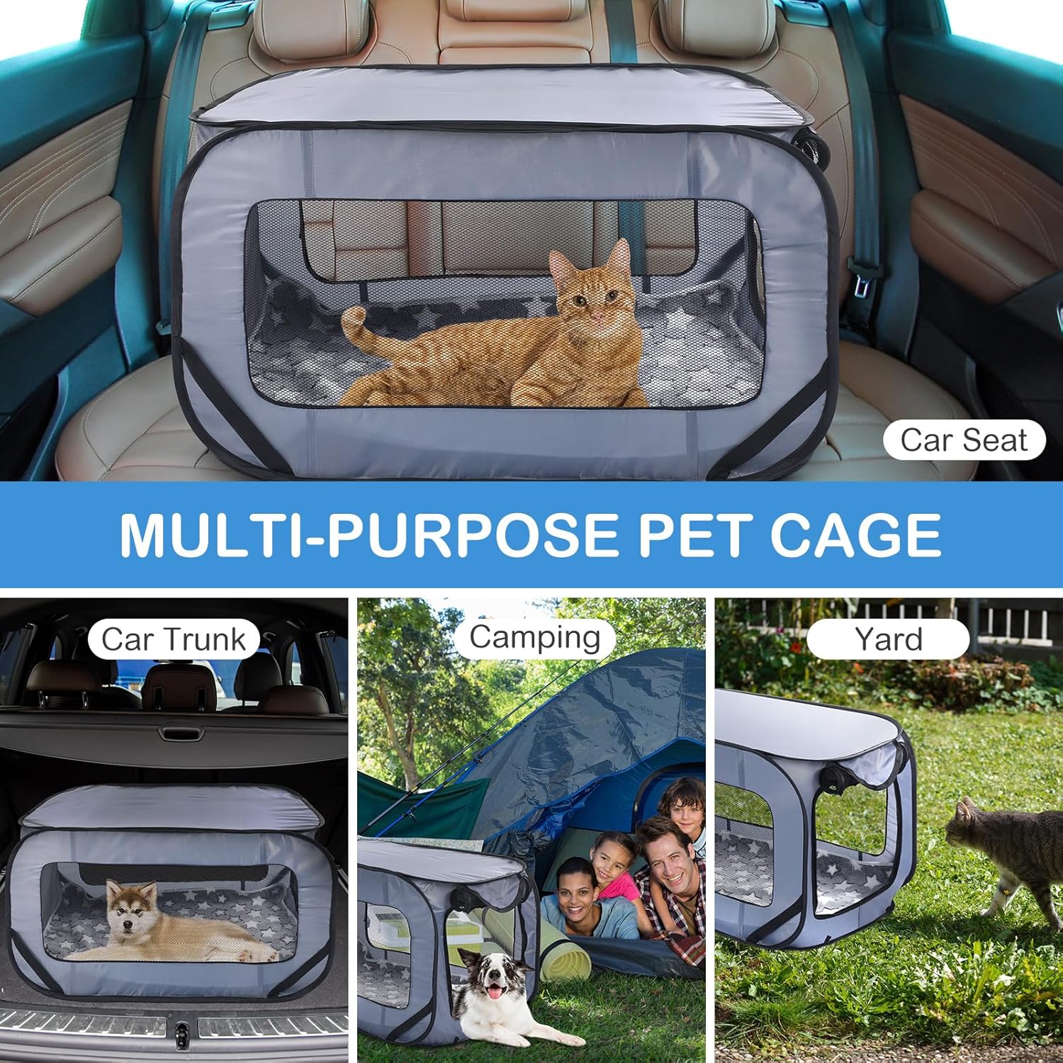 37 Inch Collapsible Dog Crate with Mat Liner Pop up Dog Kennel Waterproof Portable Car Seat Kennel Travel Crate for Pet Indoor Outdoor Cat Bed Collection(Gray) - Image 7