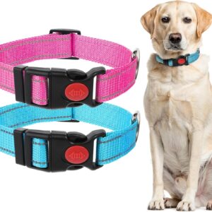 2 Pack Reflective Dog Collars Adjustable Safety Pet Collar with Locking Buckle for Small Medium Large Dogs Cats Visibility Night Walking Gear for Hiking Jogging Camping Outdoor Adventures