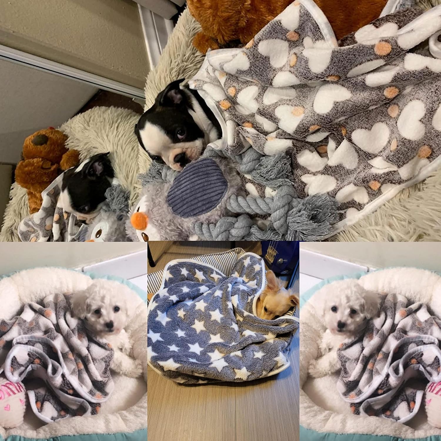 1 Pack 3 Puppy Blankets Super Soft Warm Sleep Mat Grey Cute Print Fluffy Fleece Pet Flannel Throw Dog Blankets for Small Dogs Cats,Star&Bone&Love- Small (23"x15") - Image 7