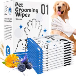 10 Pcs Pet Cleaning Glove Wipes for Dogs & Cats, Hypoallergenic Grooming Wipes, Dog Wipes for Paws and Buttocks, Dog Wipes Cleaning Deodorizing Suitable for Pet Dry Cleaning, Daily Care and Travel