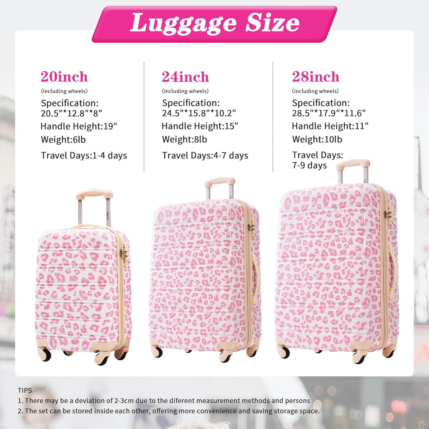Merax 3 Piece Luggage Sets, Hardside Expandable Luggages Spinner Leopard Suitcase with TSA Lock Lightweight Rolling Carry on Luggage 20inch 24inch 28inch,Pink Leopard - Image 2