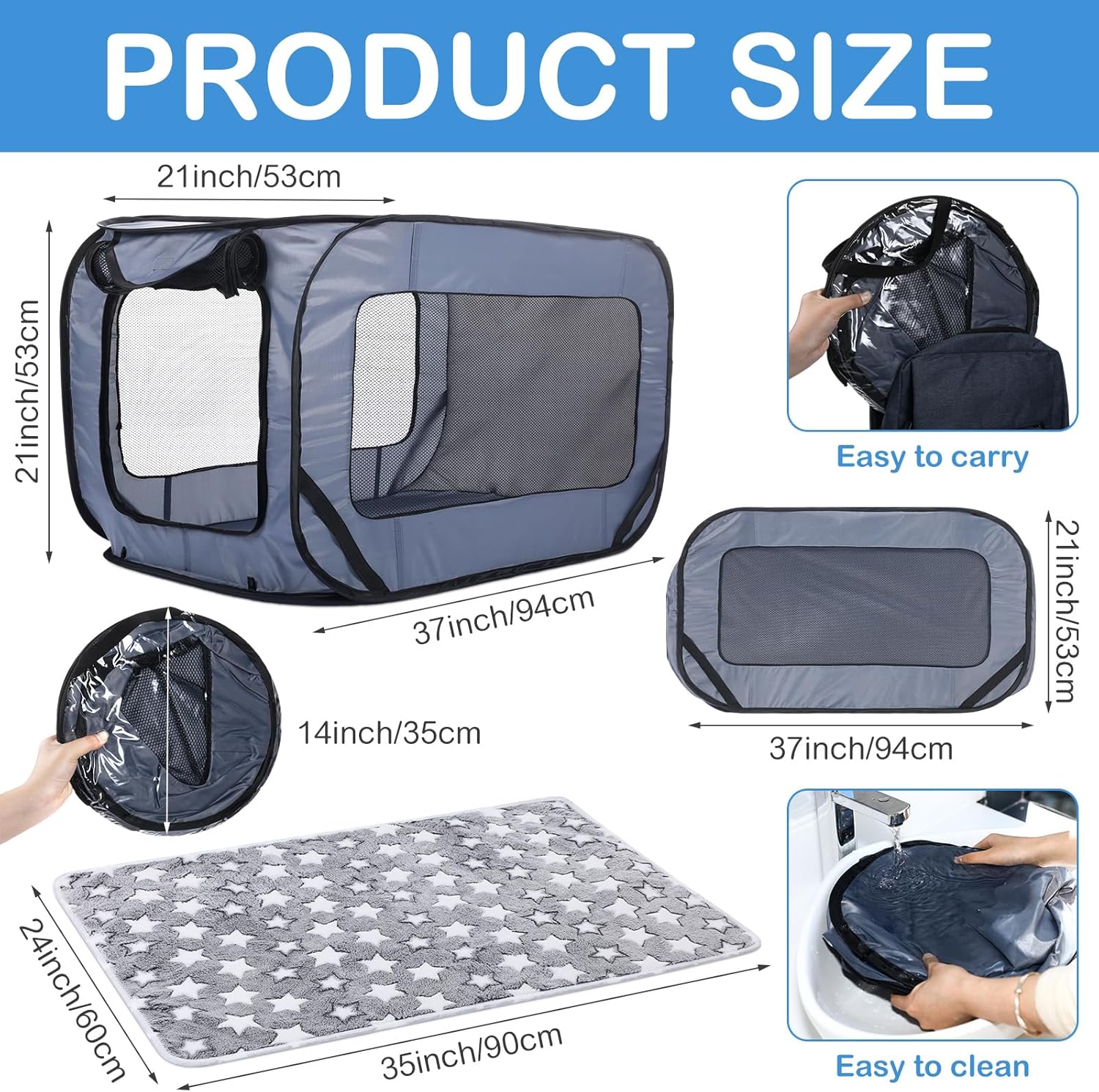 37 Inch Collapsible Dog Crate with Mat Liner Pop up Dog Kennel Waterproof Portable Car Seat Kennel Travel Crate for Pet Indoor Outdoor Cat Bed Collection(Gray) - Image 2