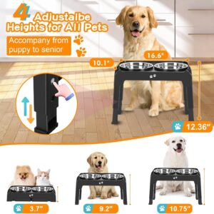 Elevated Dog Bowls, 4 Height Adjustable Raised Bowl Stand with 2 Thick 50oz Stainless Steel Food Bowls Non-Slip Feeder Adjusts to 3.7”, 9.2”, 10.75”, 12.36” Black, (DB-W01)
