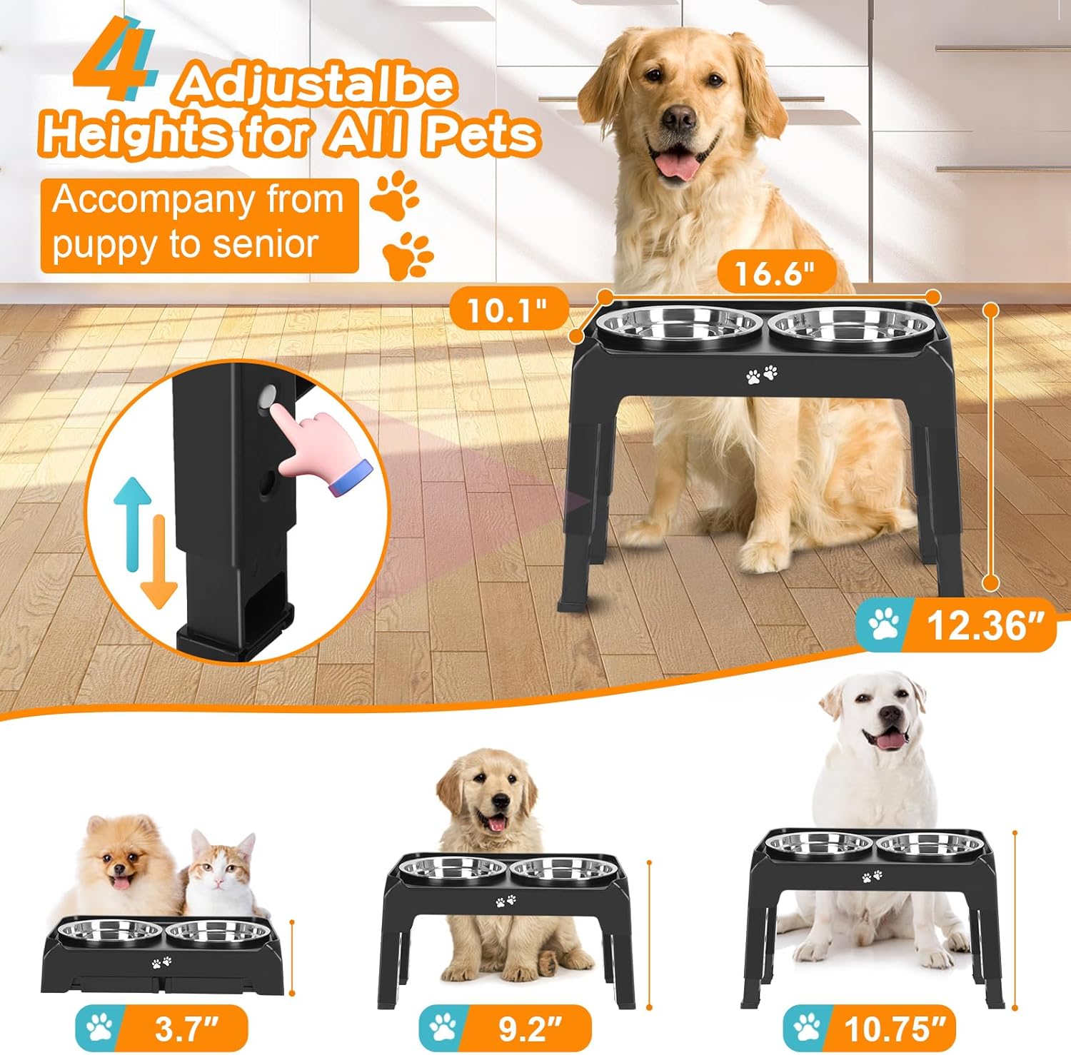 Elevated Dog Bowls, 4 Height Adjustable Raised Bowl Stand with 2 Thick 50oz Stainless Steel Food Bowls Non-Slip Feeder Adjusts to 3.7'', 9.2'', 10.75'', 12.36'' Black, (DB-W01) - Image 2