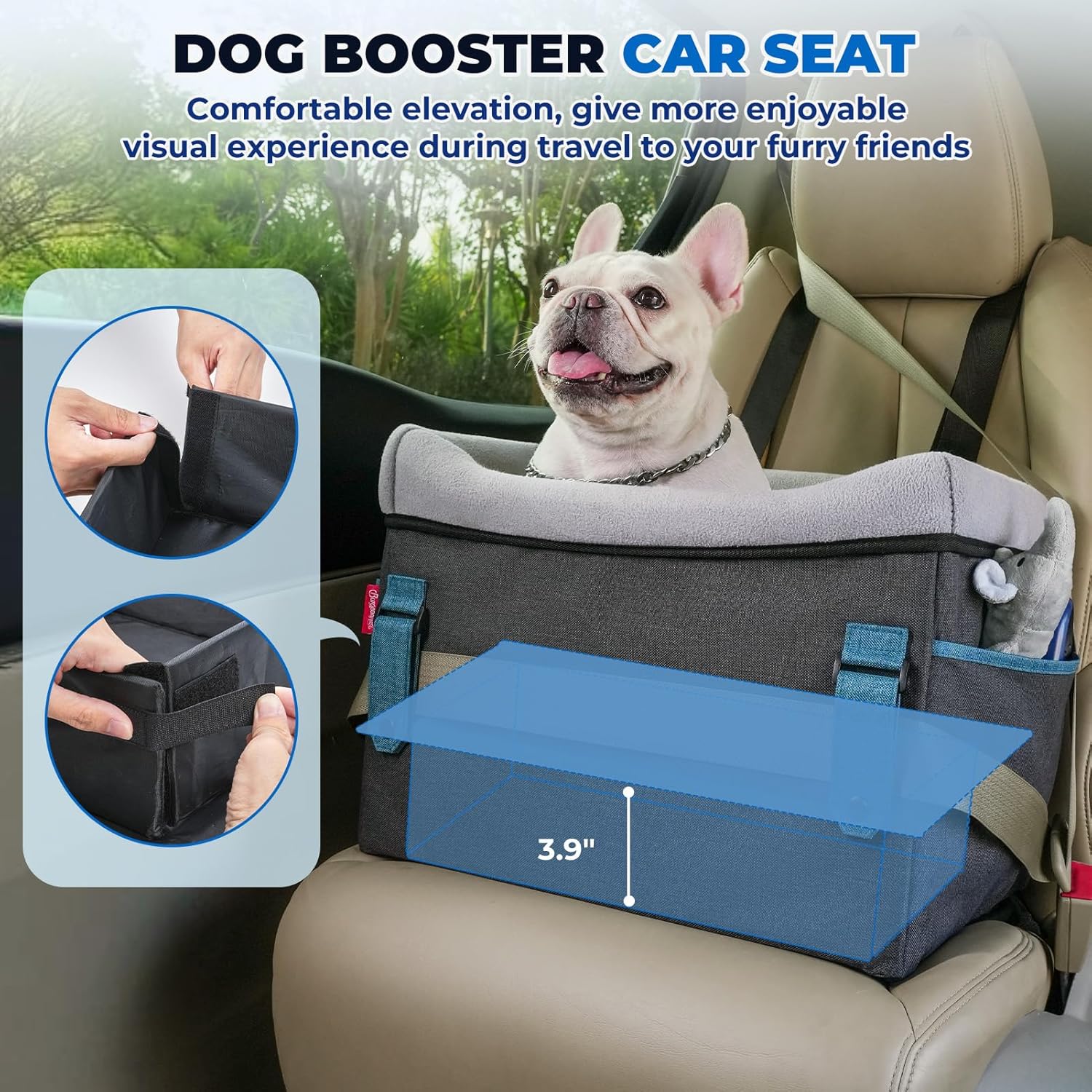 BurgeonNest Dog Booster Car Seat for Small Dogs, Washable Anti-Collapse Pet Bed for Car Front Back Seat, Cat Puppy Travel Carseats Up to 25lbs, Clip-On Safety Leash and Booster Fluffy Pad, Grey - Image 3