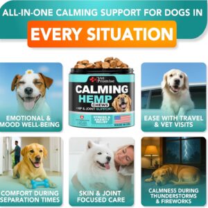 Advanced Calming Chews for Dogs – Hemp Dog Calming Chews – Anxiety Relief with Melatonin – Stress & Separation Anxiety – Sleep Aid + Hip and Joint Supplement Support – Made in USA – 70 Treats