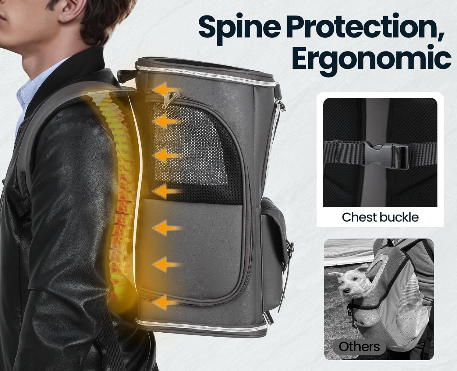 Pecute Cat Backpack Carrier,Anti-Gravity 30% Energy Saving, Dog Backpack with Waterproof PU Leather, Cat Carrier for Small Dog,Suitable for Climbing, Hiking, Traveling, Gray - Image 5