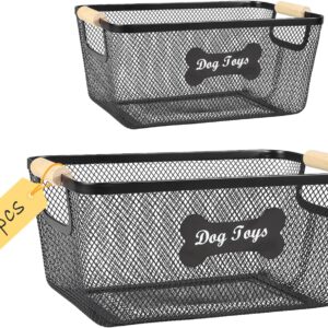 2 Pack Dog Toys Basket,Metal Basket with Wooden Handles for Dog Toys,Mesh Wire Dog Toy Bin Set,Dog Stuff Organization & Storage,Ideal for Dog Collar,Blanket,Toys,Ropes,Snacks-Black