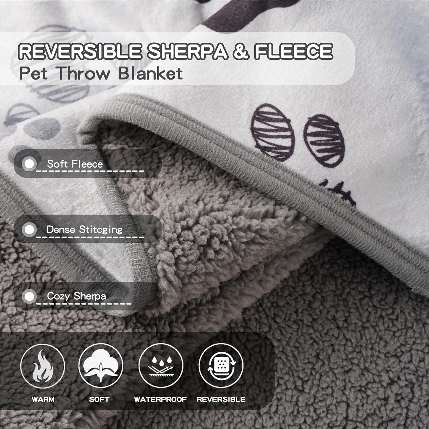 Waterproof Dog Blankets Pet Blanket 50"x60", Soft Fluffy Sofa Car Bed Protector, Reversible Sherpa Fleece Dog Blanket for Large Dogs (Light Grey-Paws) - Image 3
