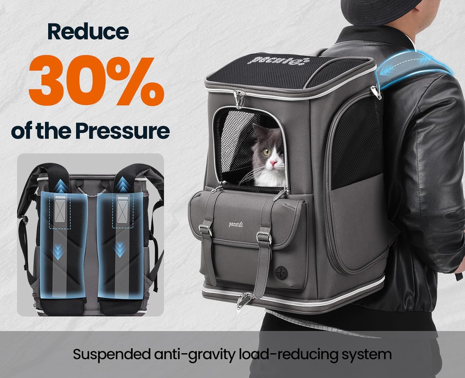 Pecute Cat Backpack Carrier,Anti-Gravity 30% Energy Saving, Dog Backpack with Waterproof PU Leather, Cat Carrier for Small Dog,Suitable for Climbing, Hiking, Traveling, Gray - Image 2