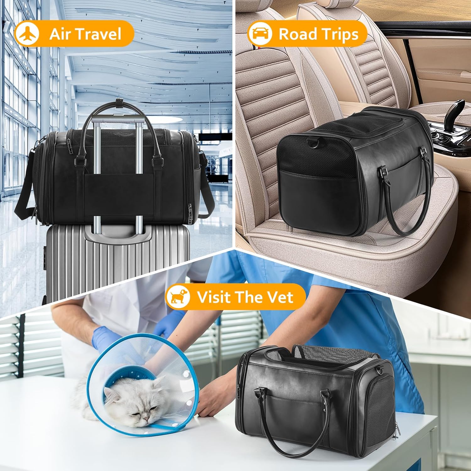 Stylish Leather Pet Carrier for Small Dogs and Cats Up to 15 lbs, Airline Approved Lightweight Travel Tote with Breathable Mesh and Shoulder Strap Black - Image 6