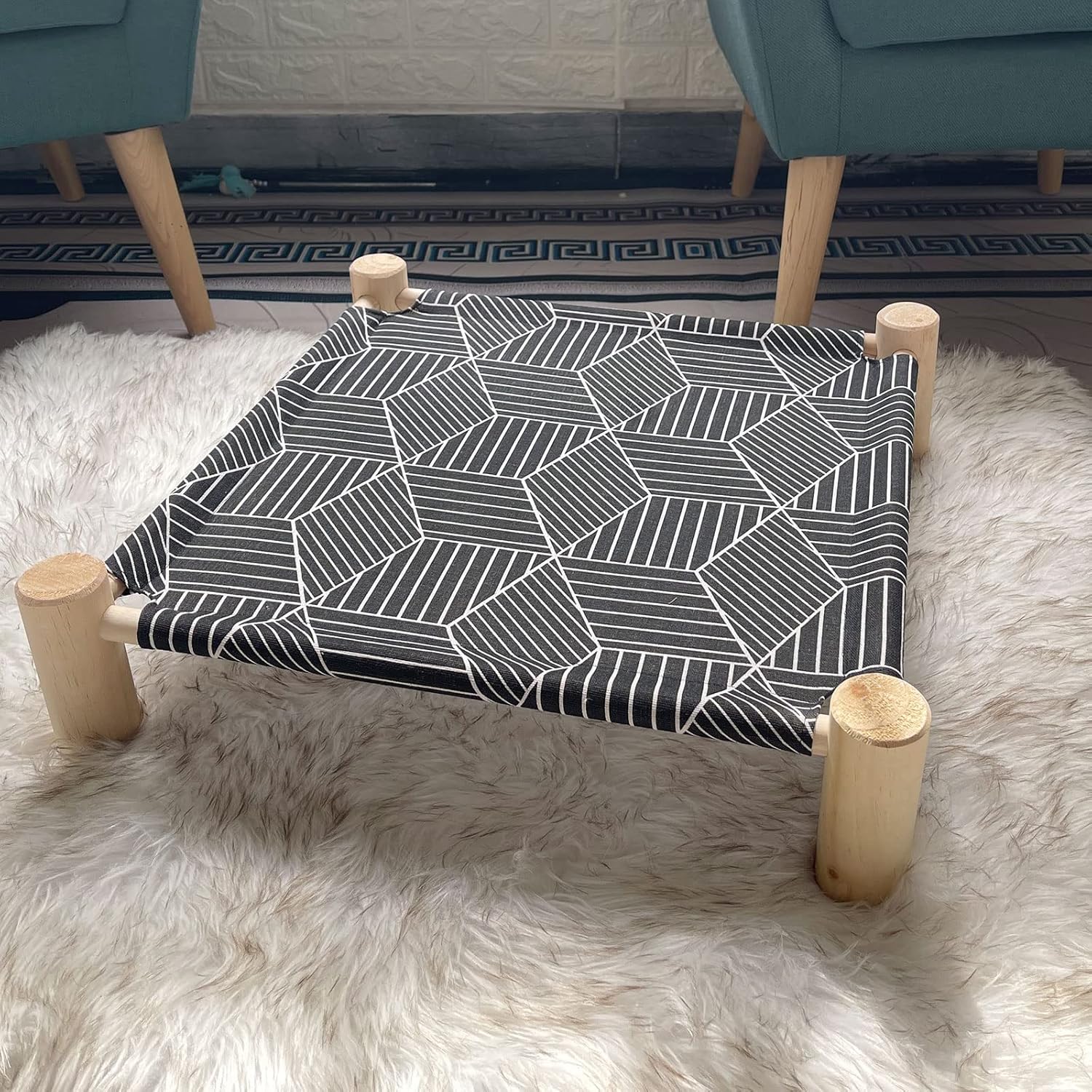 Pozico Cat/Dog Bed Hammock Cat Bed, Wooden Dog Elevated Indoor Outdoor Beds, Raised Cat Cots Furniture Pet Bed Puppy Bed Portable Breathable Mesh Cat Beds for Small Animals-Black Diamond - Image 3