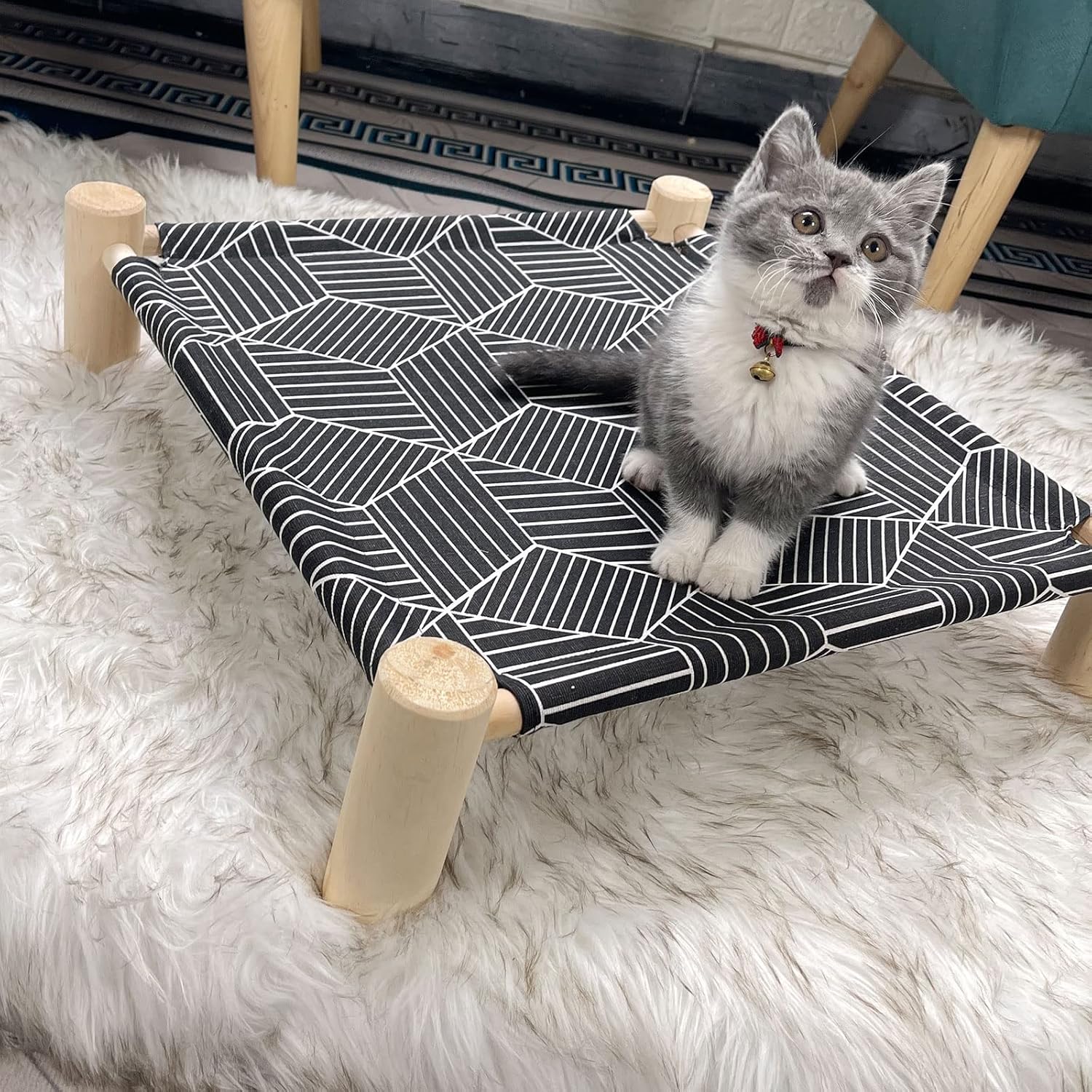 Pozico Cat/Dog Bed Hammock Cat Bed, Wooden Dog Elevated Indoor Outdoor Beds, Raised Cat Cots Furniture Pet Bed Puppy Bed Portable Breathable Mesh Cat Beds for Small Animals-Black Diamond - Image 2