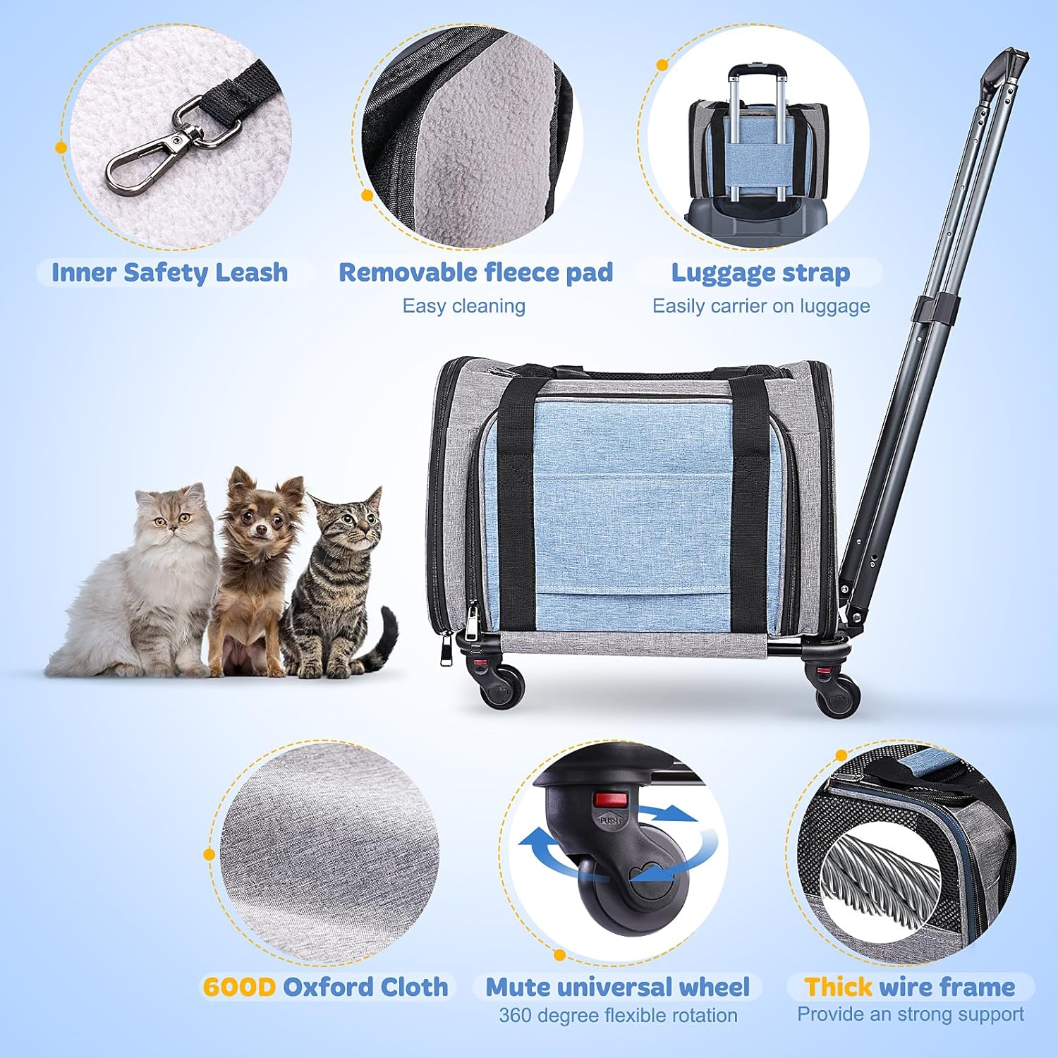 Pet Carrier with Wheels for Cat and Small Dogs: Expandable Airline Approved Rolling Cat Carrier - Cat Carrier Soft for Pets Under 25lbs Travel Plane Trip - Image 4