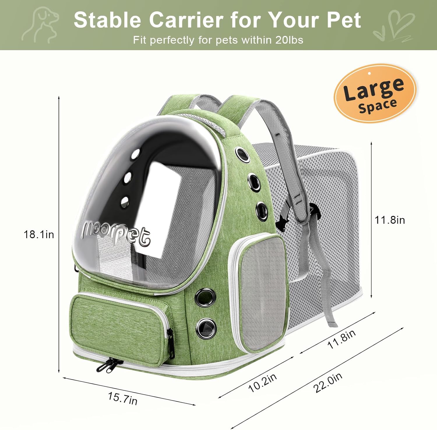 Breathable Cat Bubble Backpack Large Space Pet Carrier Backpack Expandable for Kitty Dog, Foldable Airline Approved Cat Backpack, Transparent PetTravel Backpack Up to 20 lbs (Green) (Green) - Image 2