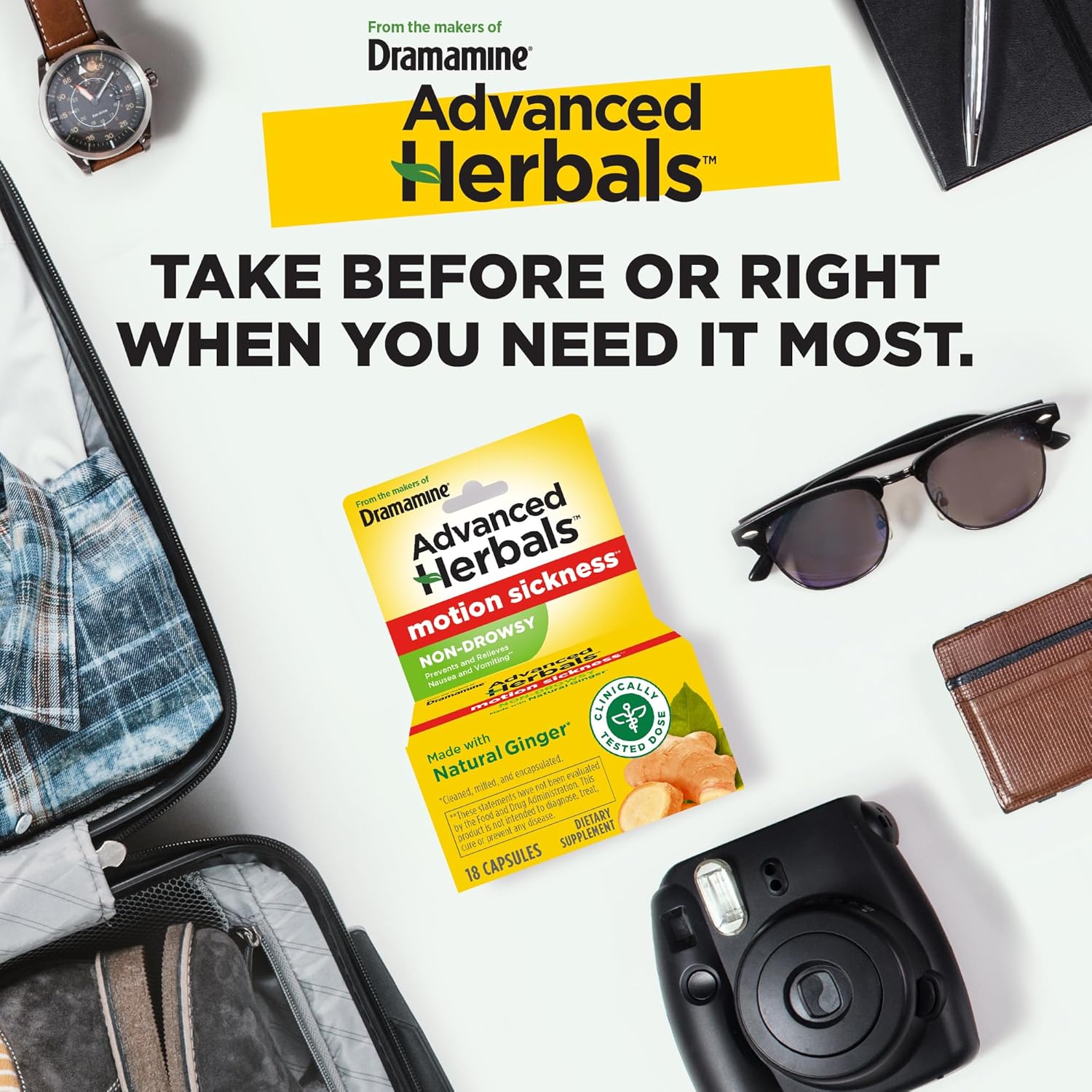 From the Makers of Dramamine, Advanced Herbals, Non-Drowsy, Motion Sickness Relief, Made with Natural Ginger, 18 Count - Image 3