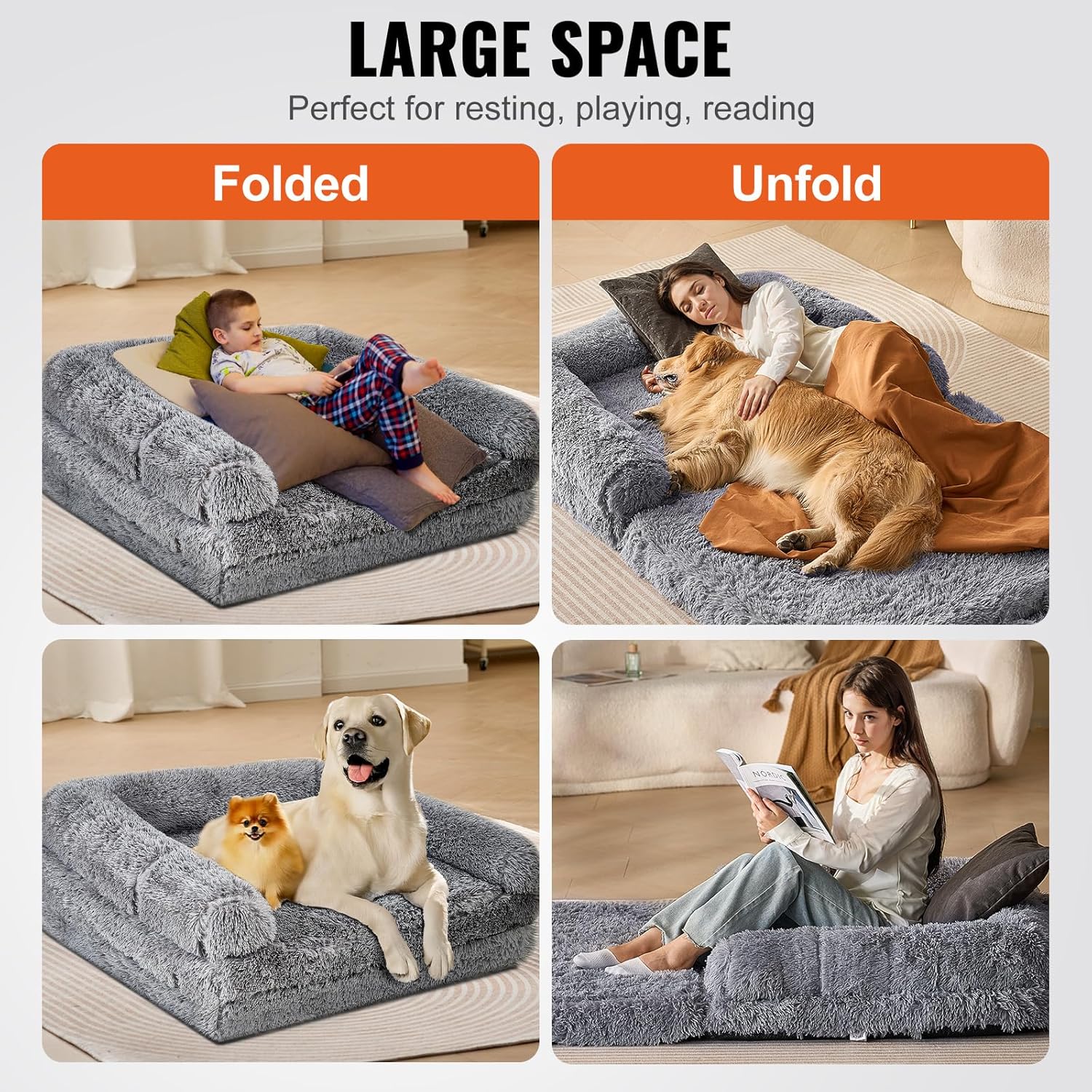 VEVOR Foldable Human Dog Bed, 72"x48"x10" Giant Human Sized Dog Bed with Washable PV Velvet Cover, Egg Orthopedic Foam, Storage Pocket, for You and Pet, Grey - Image 7