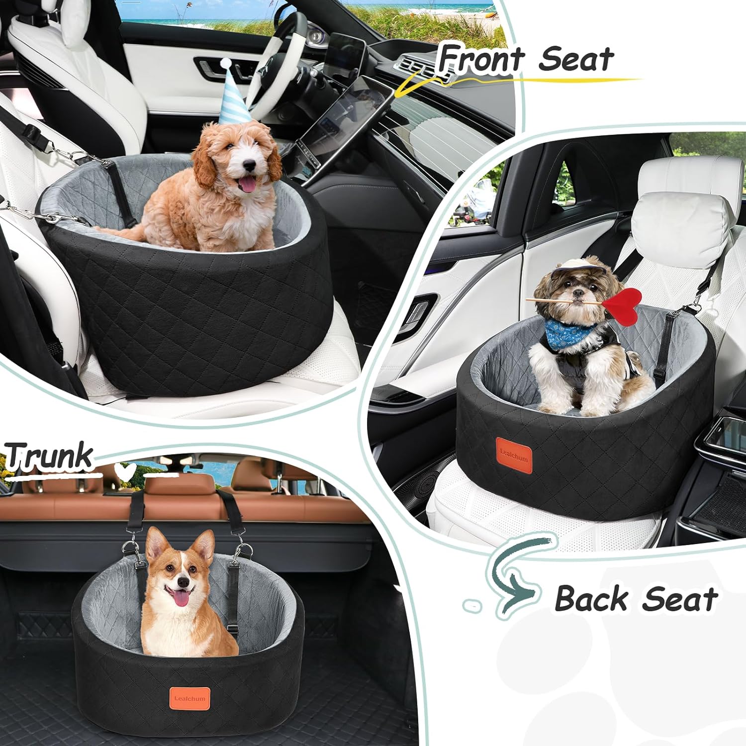Dog Car Seat Up to 30 lb Dogs, 2 Adjustable Safety Dog Leashes, Pet Washable Travel Car Seat with Non-Slip Bottom, Easy to Install and Removable, Covered with Soft Fabric(Black/Grey, Small) - Image 5